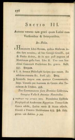 Sectio III. Autores veteres tam graeci quam Latini cum Versionibus & Interpretibus