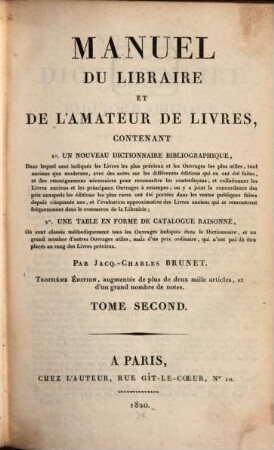 Manuel du libraire et de l'amateur de livres : contenant 1. un nouveau dictionnaire bibliographique ... 2. une table en forme de catalogue raisonné ..., 2