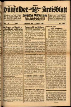 Erste Ausgabe vom Mittwoch, den 01. Oktober 1941.