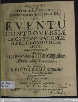 3: Dissertatio historica, de origine controversiae circa haereticos rebaptizandos olim motae