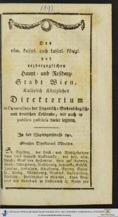 Der röm. kaiserl. auch kaiserl. königl. und erzherzoglichen Haupt- und Residenz-Stadt Wien, Kaiserlich Königliches Direktorium.