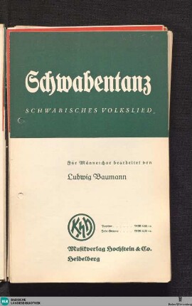 Schwabentanz : schwäbisches Volkslied : für Männerchor bearbeitet von Ludwig Baumann
