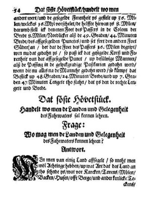 Dat söste Hövetstück. Handelt wo men de Landen und Gelegenheit des Fahrwaters sal kennen lehren.