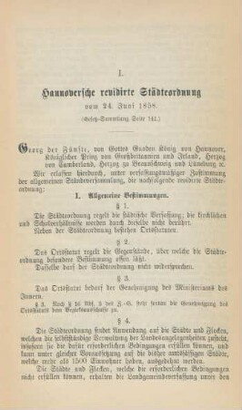 I. Hannoversche revidirte Städteordnung vom 24. Juni 1858.