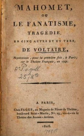 Mahomet, ou le fanatisme : tragédie en 5 actes et en vers