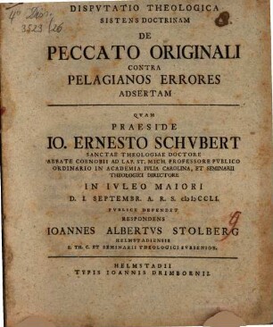 Diss. theol. sistens doctrinam de peccato originali contra Pelagianos errores adsertam