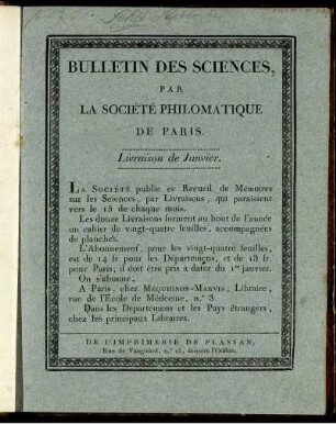 Bulletin Des Sciences, Par La Société Philomatique De Paris. Livraison de Janvier.