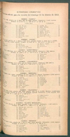 Hipódromo Argentino - Programa oficial para la reunión del domingo 11 de febrero de 1912