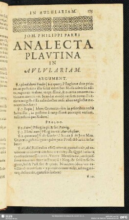 Joh. Philippi Parei Analecta Plautina In Aululariam