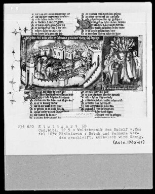 Weltchronik des Rudolf von Ems — Textseite mit Doppelminiatur, Folio 103verso