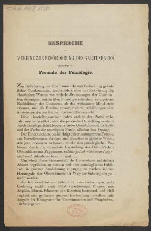 Ansprache an Vereine zur Beförderung des Gartenbaus, besonders an Feunde der Pomologie