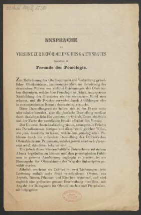 Ansprache an Vereine zur Beförderung des Gartenbaus, besonders an Feunde der Pomologie