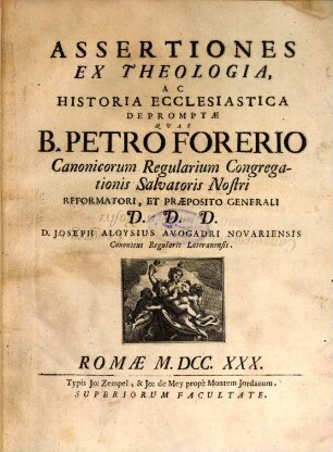 Assertiones ex theologia ac historia ecclesiastica ... depromptas