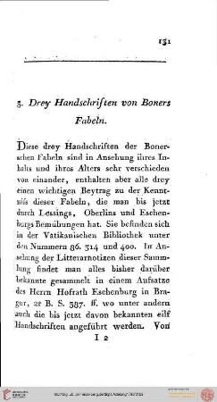 Drey Handschriften von Boners Fabeln