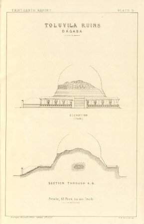 Plate G. Toluvila ruins. Dágaba. Elevation. Section through A. B.