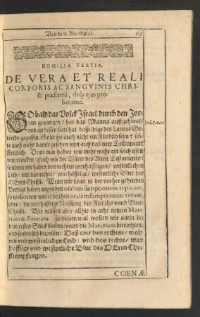 Homilia Tertia. De Vera Et Reali Corporis Ac Sanguinis Christi praesentia, ...