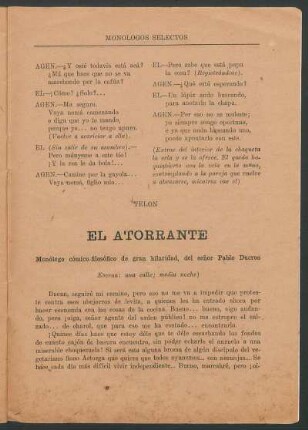El atorrante : Monólogo cómico-filosófico de gran hilaridad, del seńor Pablo Ducros.