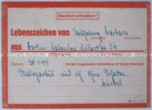 Vordruck-Postkarte mit einem "Lebenszeichen" nach einem Bombenangriff