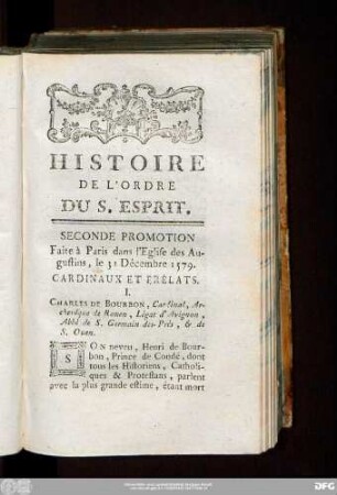 Seconde Promotion Faite à Paris dans l'Eglise des Augustins, le 31 Décembre 1579.