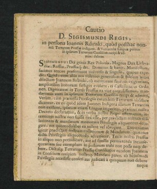 Cautio D. Sigismundi Regis, in persona Joannis Balinski, quod posthac nonnisi Terrarum Prussiae indigena ...