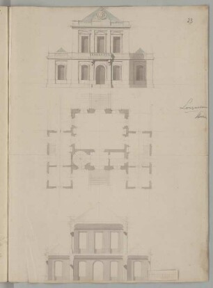 Lusthaus, Entwurf, Grund- , Aufriss und Längsschnitt : Lusthaus, Entwurf, Grund- , Aufriss und Längsschnitt, Zacharias Longuelune, 1715/1748. Graphit, Pinsel in Wasserfarbe/Papier. 45,7 x 32,7 cm. Bez.: Mitte rechts, jüngerer Vermerk: "Longuelune Steche". Maßstab ohne Maßeinheit (aufgeklebt). Vgl. Archit.266,Bl. 10-12, Lusthaus, 4. Entwurfsvariante.