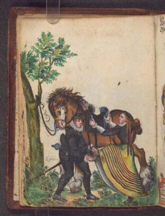 Gouache: Kavalier hilft einer Dame aufs Pferd, das an einem Ast festgebunden ist
