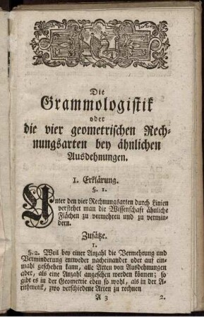 Die Grammologistik oder die vier geometrischen Rechnungsarten bey ähnlichen Ausdehnungen.