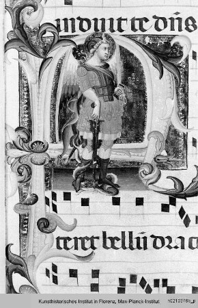Antiphonar zu Dante Alighieri : Textseite mit historisierter Initiale F: Erzengel Michael