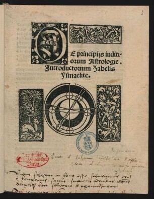 DE principijs iuditi=||orum Astrologie.|| Jntroductorium Zahelis || Ysmaelite.||