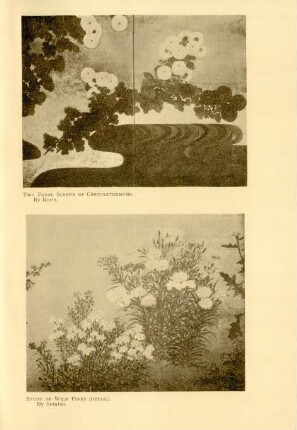 Two panel screen of chrysanthemus. By Korin. Study of wild pinks (Detail). By Sotatsu