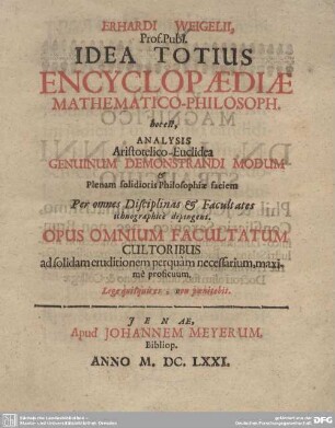 Erhardi Weigelii, Prof. Publ. Idea Totius Encyclopaediae Mathematico-Philosoph. : hoc est, Analysis Aristotelico-Euclidea Genuinum Demonstrandi Modum & Plenam solidioris Philosophiae faciem Per omnes Disciplinas & Facultates ichnographice depingens; Opus Omnium Facultatum Cultoribus ad solidam eruditionem perquam necessarium, maxime proficuum