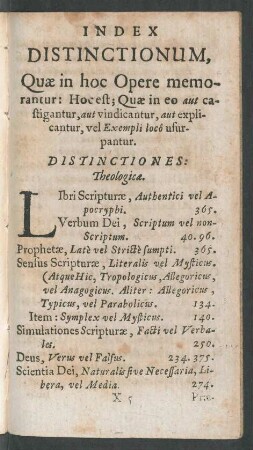 Index Distinctionum, Quae in hoc Opere memorantur: Hoc est; Quae in eo aut castigantur, aut vindicantur, aut explicantur, vel Exempli loco usurpantur.
