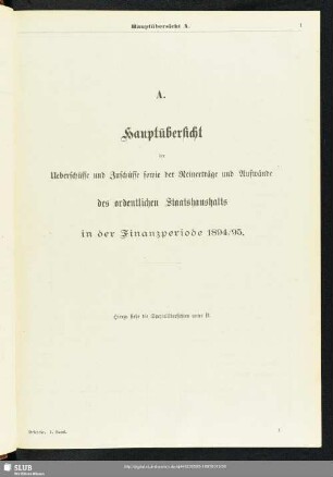 A. Hauptübersicht der Ueberschüsse und Zuschüsse sowie der Reinerträge und Aufwände des ordentlichen Staatshaushalts in der Finanzperiode 1894/95