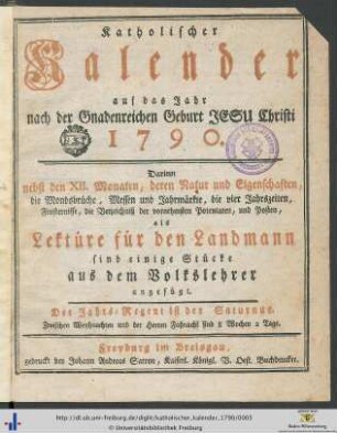 Katholischer Kalender: ... auf das Jahr nach der Gnadenreichen Geburt Jesu Christi 1790