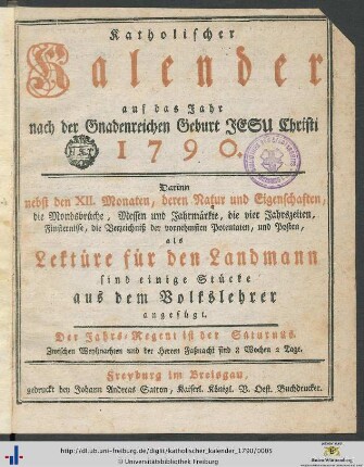 Katholischer Kalender: ... auf das Jahr nach der Gnadenreichen Geburt Jesu Christi 1790