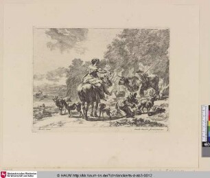 [Hirtin zu Pferd, rechts neben ihr eine Ziegen melkende Hirtin; Woman on horseback, to the right woman milking a goat]