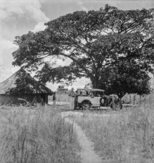 Lager : Fahrzeug vor einer Rundhütte, Lager zur Abwehr von Afrikanischer Trypanosomiasis und Nagana-Seuche