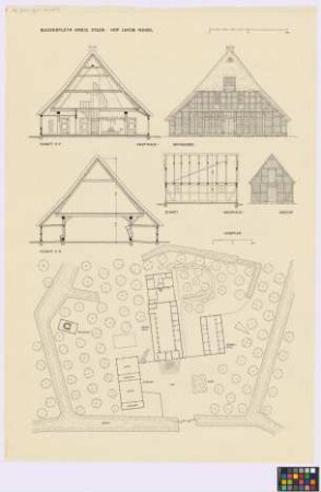 Bassenfleth (Landkreis Stade): Hof Jakob Nagel. - Lageplan mit Backhaus (Grundriss), Haupthaus (Grundriss), Pferdestall (Grundriss), Dung (Aufsicht), Scheune (Grundriss). - Haupthaus (Querschnitt E-F, Wohn-Giebel-Ansicht, Querschnitt C-D). - Backhaus (Längsschnitt, Giebel-Ansicht)