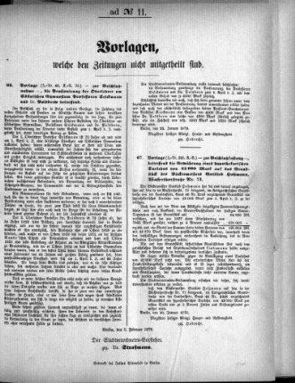 Anlage: ad No.11, Vorlagen, welche den Zeitungen nicht mitgeteilt sind