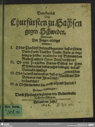 Danckbarkeit deß Churfürsten zu Sachsen gegen Schweden