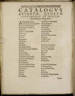 Catalogus Autorum, Quorum Testimonia In Squentibus Adagiis allegantur.