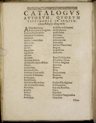 Catalogus Autorum, Quorum Testimonia In Squentibus Adagiis allegantur.