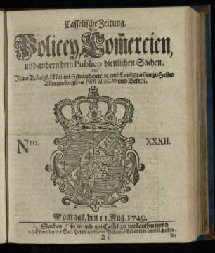 Nro. XXXII, Montags, den 11. Aug. 1749