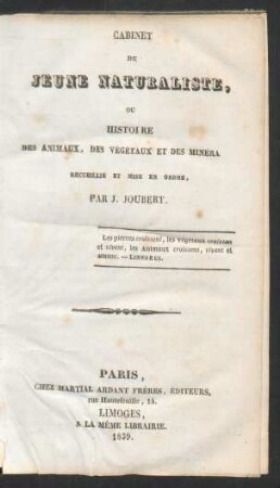 Cabinet du jeune naturaliste, ou histoire des animaux, des végétaux et des minéra