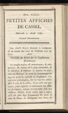 No CXIII (Mercredi 3. Aoust 1785)