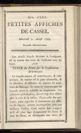 No CXIII (Mercredi 3. Aoust 1785)