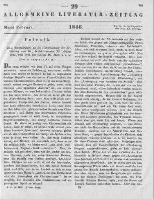 Stahl, F. J.: Zwei Sendschreiben an die Unterzeichner der Erklärung vom 15., beziehungsweise 26. August 1845. Zugleich als ein Votum in der Augsburgischen Confessions-Frage. Berlin: Schroeder 1845 (Fortsetzung von Nr. 28)