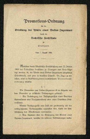 Promotions-Ordnung für die Erteilung der Würde eines Doktor-Ingenieurs durch die Technische Hochschule zu Stuttgart (1900)