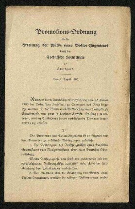 Promotions-Ordnung für die Erteilung der Würde eines Doktor-Ingenieurs durch die Technische Hochschule zu Stuttgart (1900)