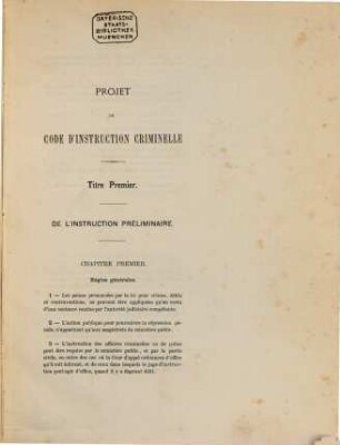 Projet de code d'instruction criminelle : [Umschlagtitel]